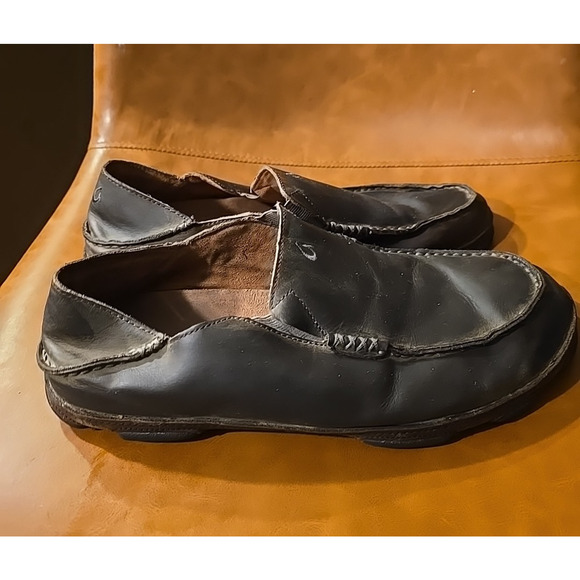 OluKai Moloa Black Leather Loafer Slip On Comfort Casual Shoes Men's Size 11 - Picture 2 of 6